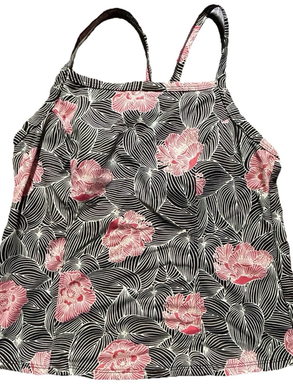 Women’s LL Bean Brown Pink Floral Tankini Top Size 12 Swim Beach Pool